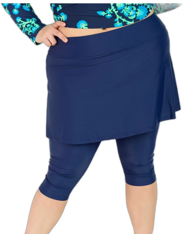 Plus High Waisted Flared Swim Skort With Attached Capri Leggings