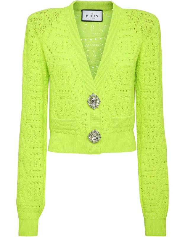 _fluid Knit Cardigan With Lace Stitch And Jewel Brooches_