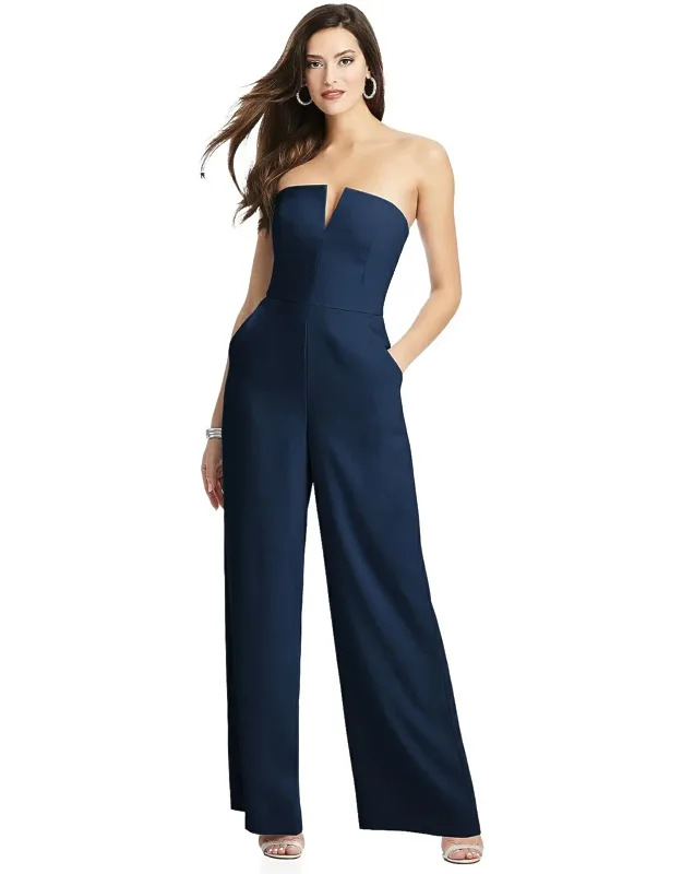 Strapless Notch Crepe Jumpsuit With Pockets