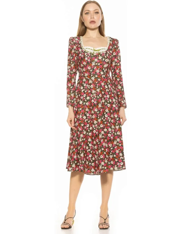 Ada Dress With Long Sleeve Lace Detailing And Flared Midi Skirt