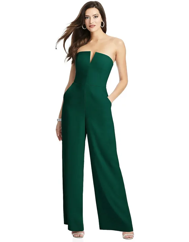 Strapless Notch Crepe Jumpsuit With Pockets