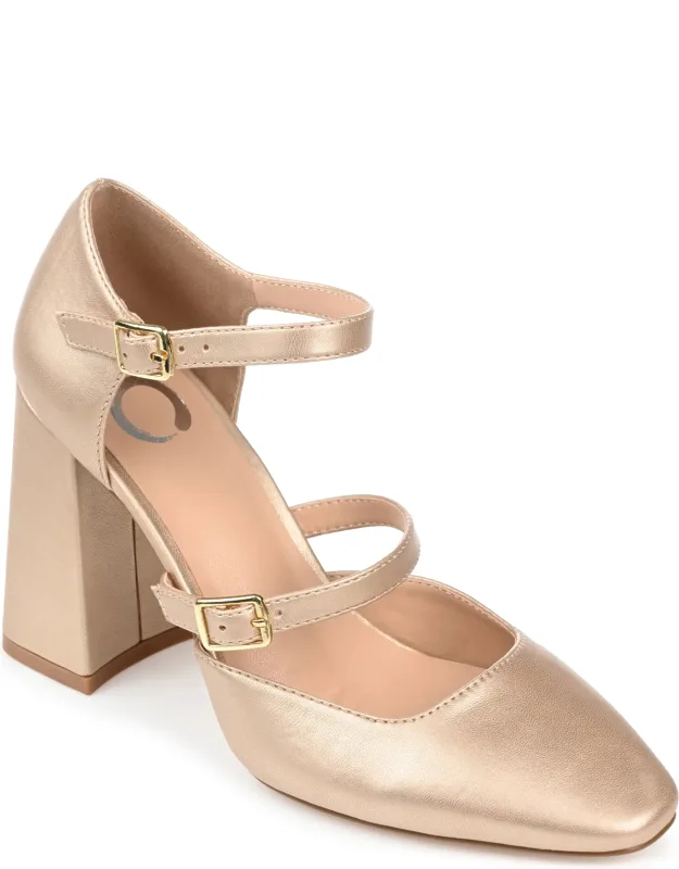 Isadorah Mary Jane Mid Block Heel Square Toe Pumps With Twin Buckle Straps And Padded Insole