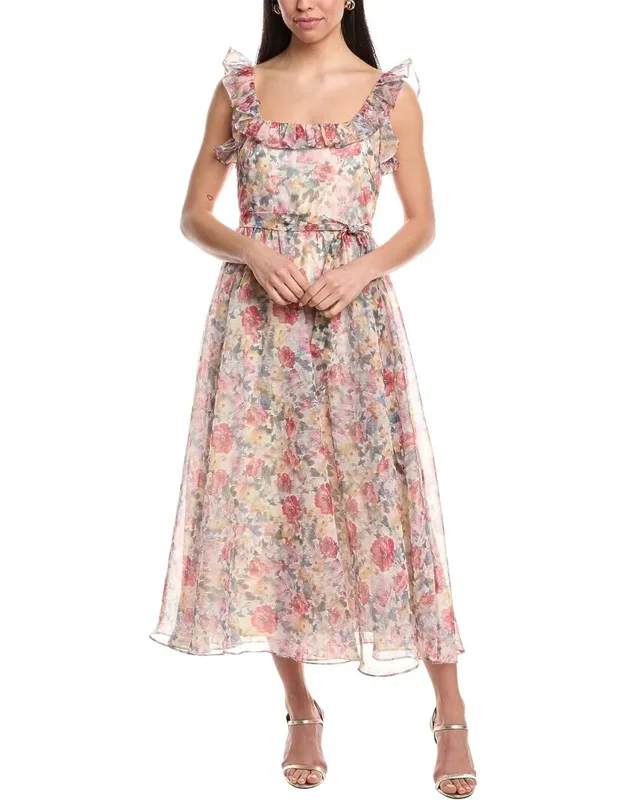 Midi Dress With Flutter Sleeves And Square Neck