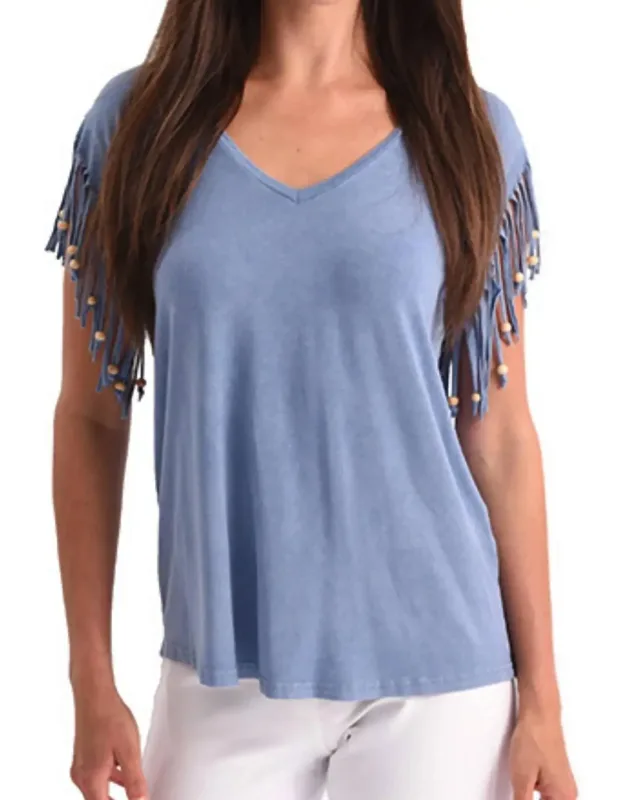Stone Wash Cut Out Fringe Beaded Sleeve Top