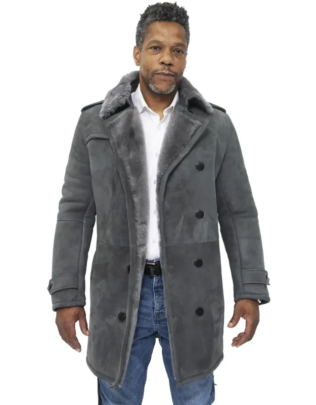 Shearling Sheepskin Suede Pea Coat-kempston With Buckled Waist Belt And Double Breasted Closure