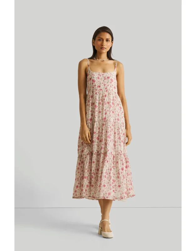 Strappy Tiered Maxi Dress With Adjustable Straps And Crepe Fabric