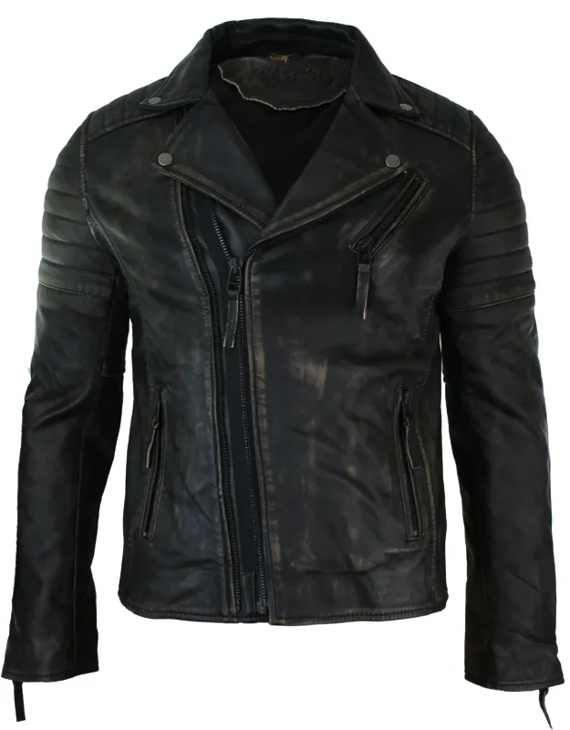 Slim Cross Zip Brando Real Leather Jacket With Double Front Zip Style And Front Pockets