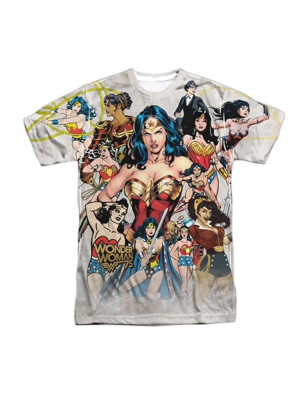 Wonder Woman 75th Collage Short Sleeve Poly Crew Tee - 100% Polyester, Officially Licensed