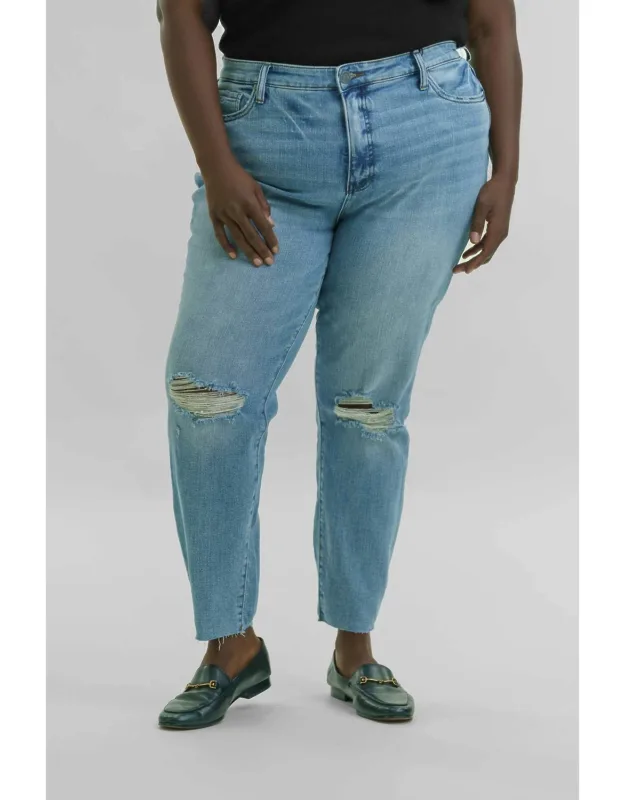Rachael High Rise Mom Jean - Ripped Knees, Raw Hem