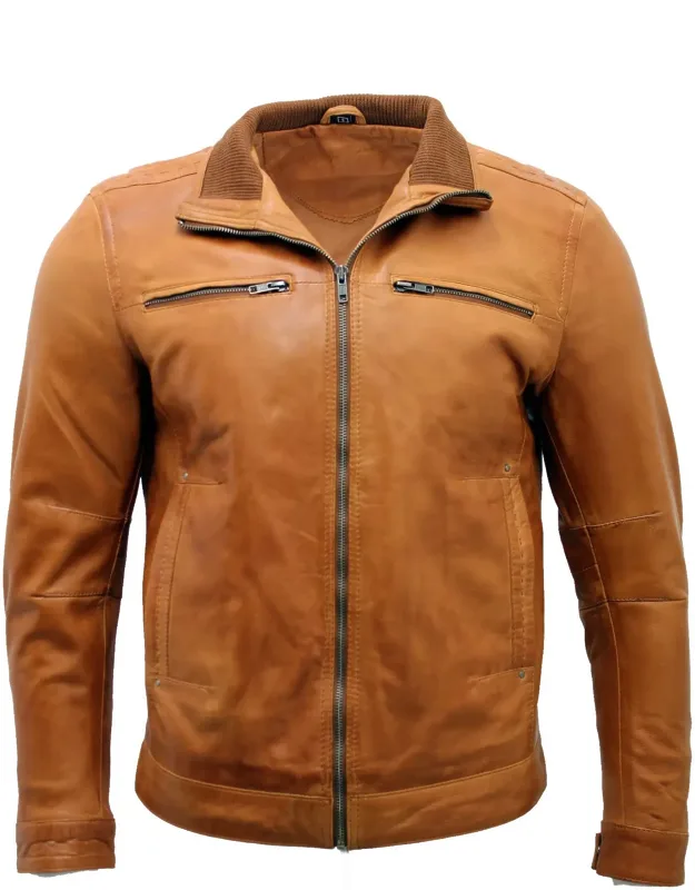 Classic Leather Biker Jacket-caracas With Full Stand Collar And Zipped Pockets