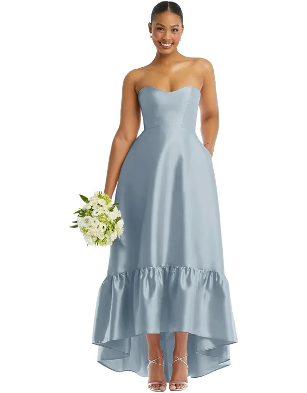 Strapless Deep Ruffle Hem Satin High Low Dress With Pockets