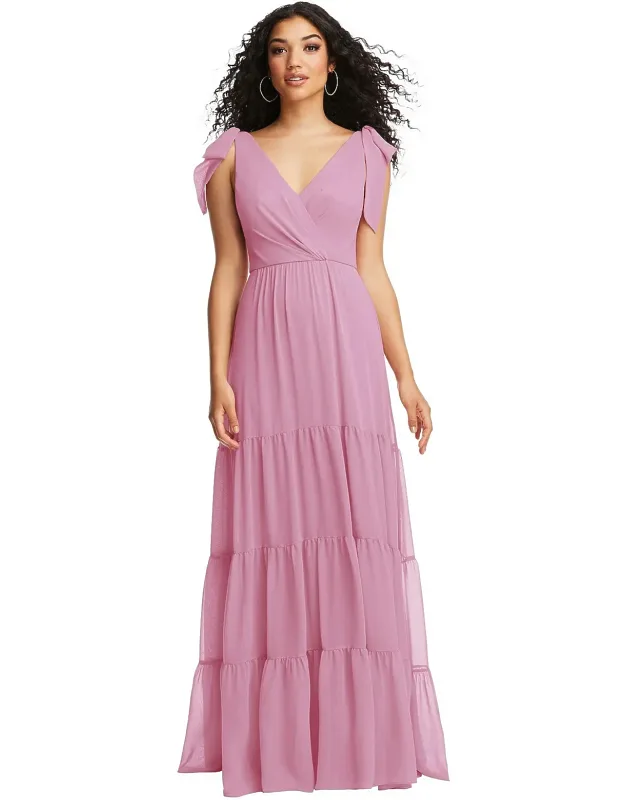 Bow-shoulder Faux Wrap Maxi Dress With Tiered Skirt