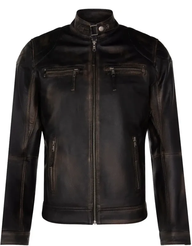 Leather Biker Vintage Zipped Racing Jacket With Ykk Zip And 4 External Pockets