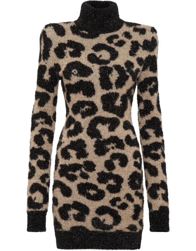 Padded Shoulder Lurex Turtleneck Dress