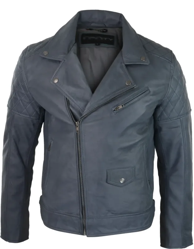 Vintage Leather Biker Jacket With Diamond Quilt Design And Adjustable Belted Buckle