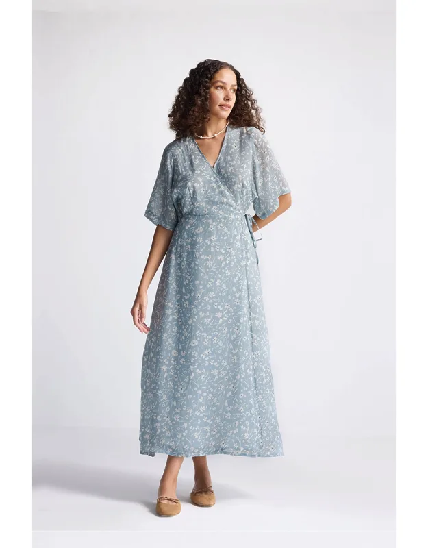 Maxi Wrap Dress With Flowy Sleeves And Pockets
