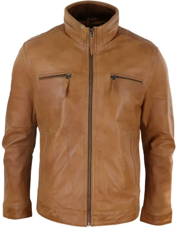 Leather High Collar Zipped Biker Jacket