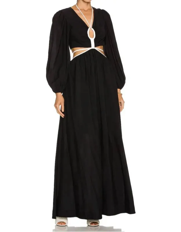 Puff Sleeve Teardrop Cut Out Maxi Dress