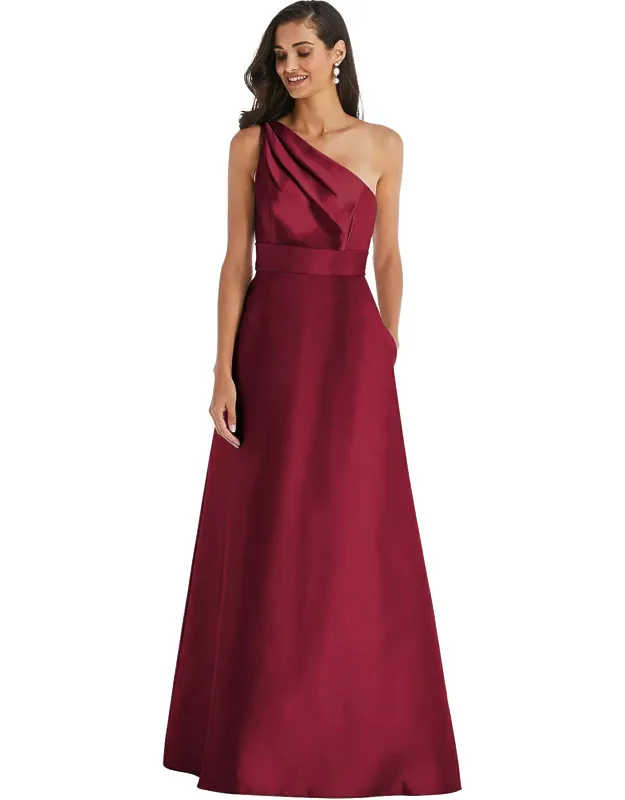 Draped One-shoulder Satin Maxi Dress With Pockets