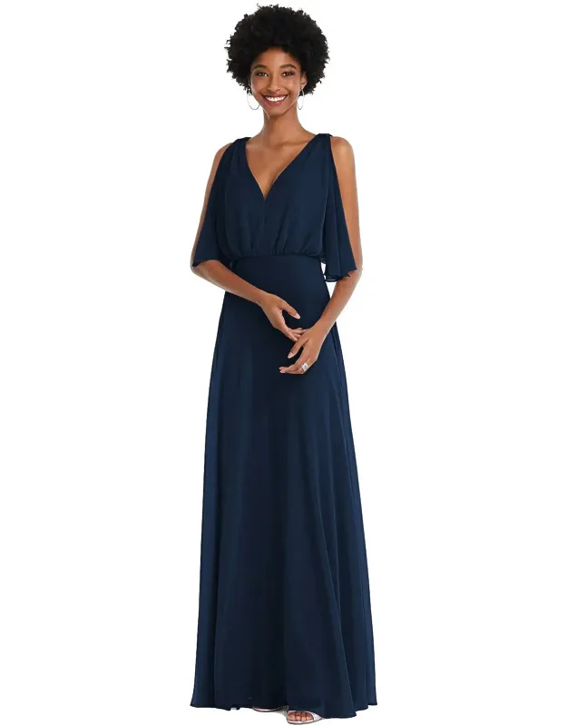 V-neck Split Sleeve Blouson Bodice Maxi Dress
