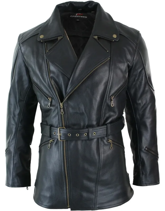 Belted Long Leather Moto Jacket With Ce Armour