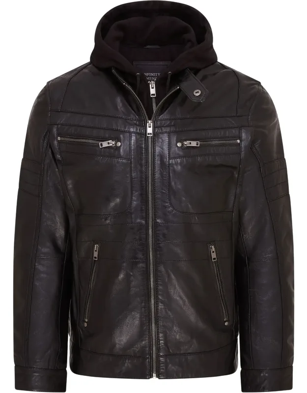 Hooded Leather Biker Jacket - Stavern With Removable Fleece Lining And Adjustable Hood