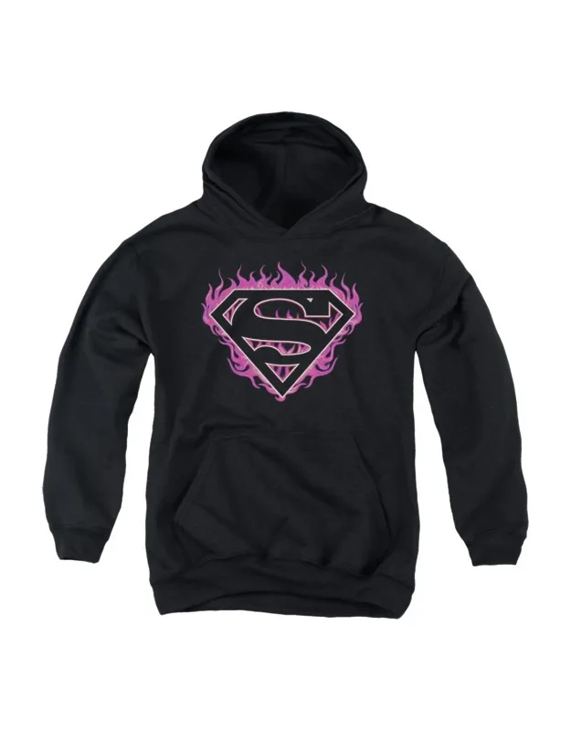 Superman Fuchsia Flames Youth Pull Over Hoodie - Stylish For Everyday Wear, 50% Cotton And 50% Polyester
