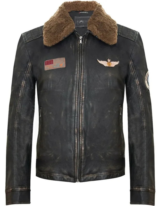 Badged Vintage Leather Bomber Jacket