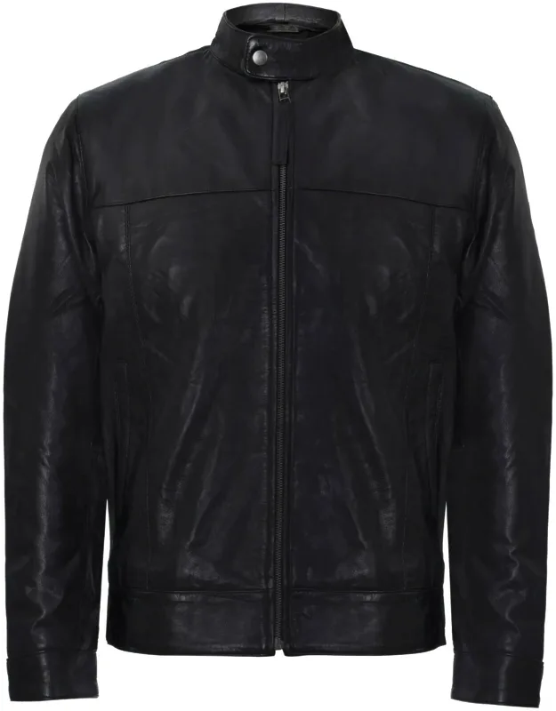 Leather Mandarin Collar Biker Jacket