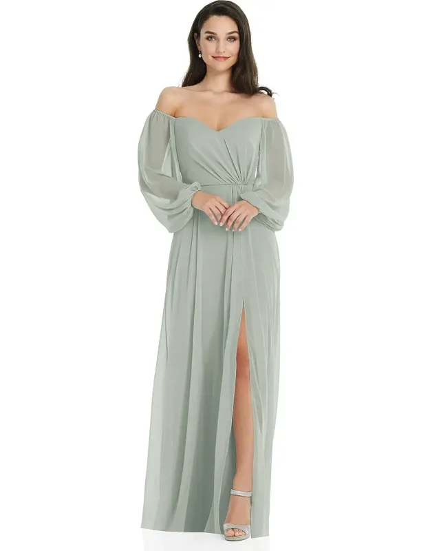 Off-the-shoulder Puff Sleeve Maxi Dress With Front Slit