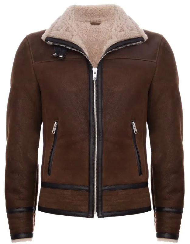 Retro Pilot Sheepskin Leather Biker Jacket-bogota With Quilted Panelling And Thick Lining