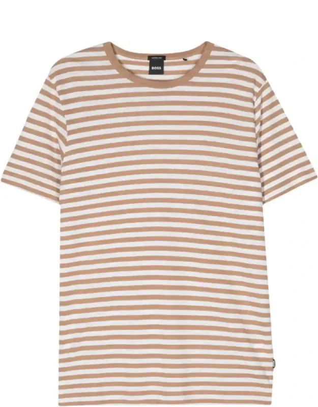 Tiburt 457 Striped Linen Short Sleeve Crew Neck T-shirt, 100% Cotton, Regular Fit