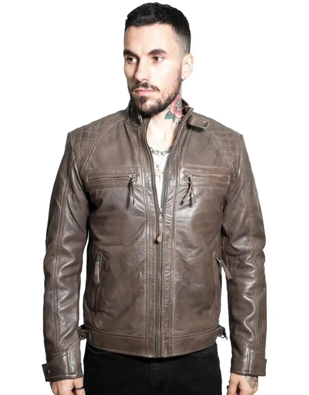 Vintage Leather Quilted Biker Jacket-monaco With Diamond Quilted Shoulders And Adjustable Waist