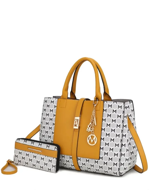 Yuliana Circular M Emblem Print Satchel Handbag With Wallet