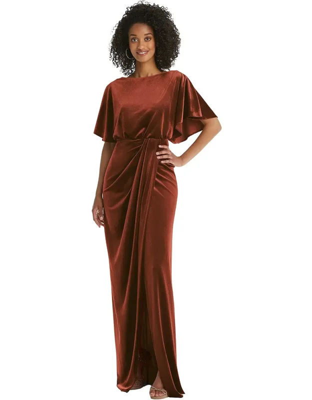 Flutter Sleeve Open-back Velvet Maxi Dress With Draped Wrap Skirt