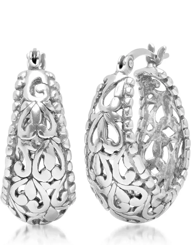 Sterling Silver Filigree Click-top Oval Hoop Earring