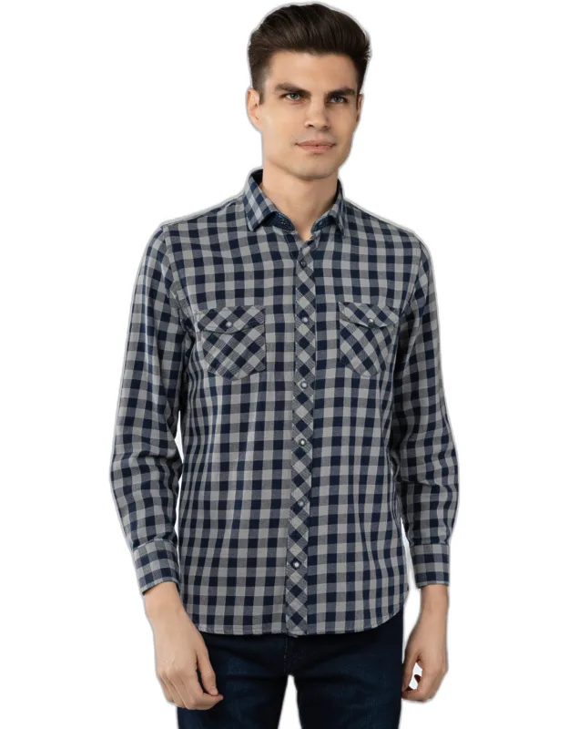 Steel And Plaid Shirt With Snap Buttons And Front Pocket