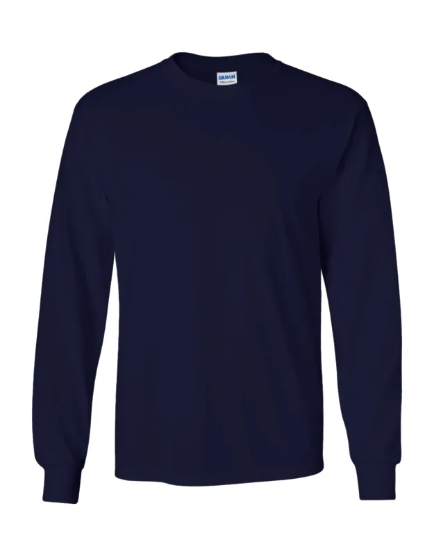 Gildan Plain Crew Neck Ultra Cotton Long Sleeve T-shirt With Seamless Collar And Double Needle Topstitched Neckline