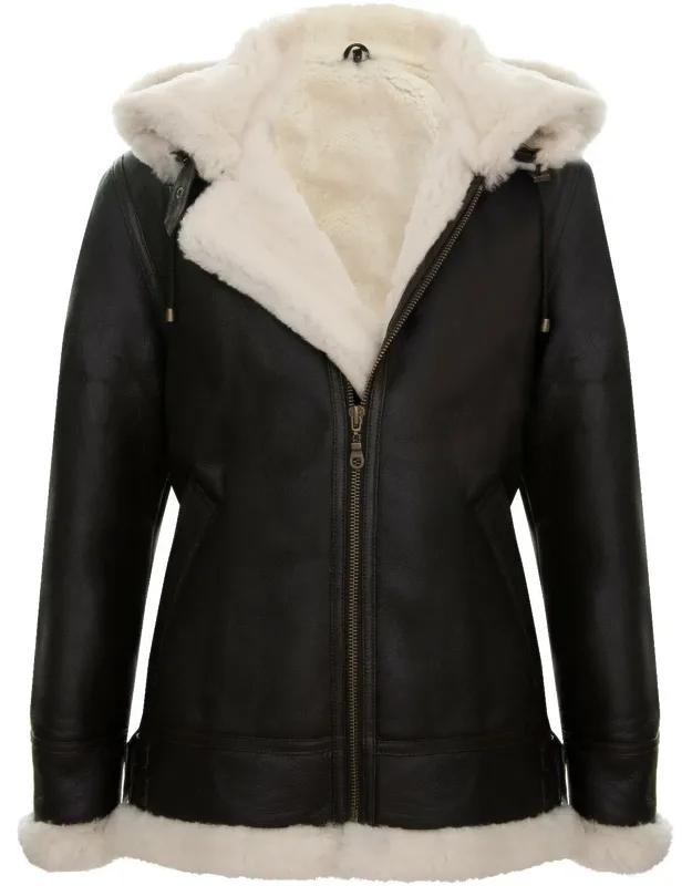 Hooded Sheepskin Leather B3 Flying Jacket-columbus With Adjustable Hood And Chunky Ykk Zipper