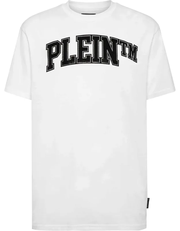 Round Neck T-shirt With Rhinestone Applications And Leather Patch