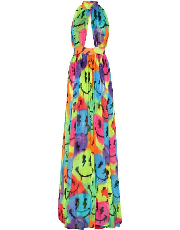 Chiffon Long Dress Sewn-in Belt At Waistline, High Slit On The Left