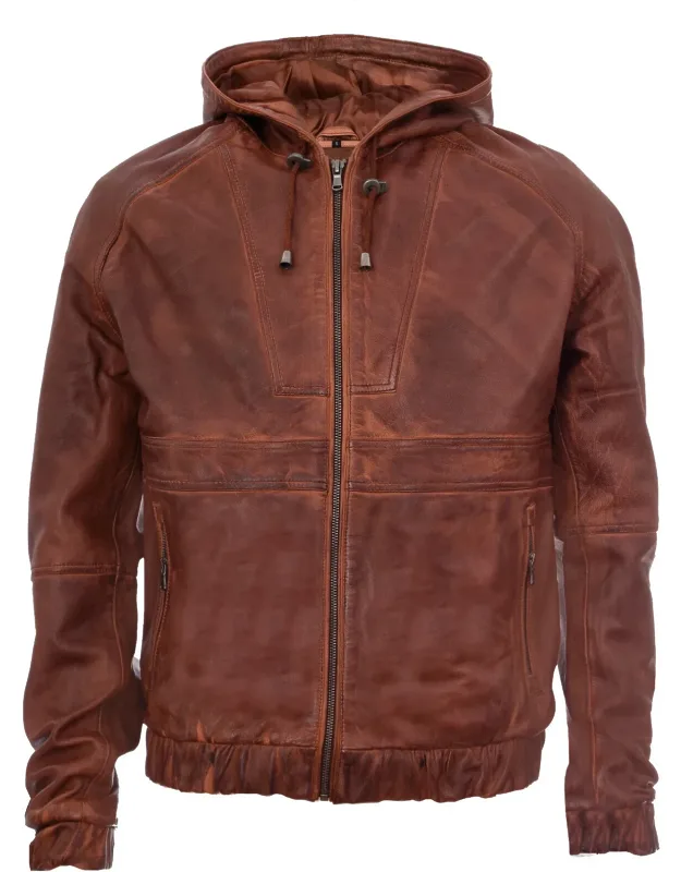 Vintage Zipped Leather Hooded Bomber Biker Jacket