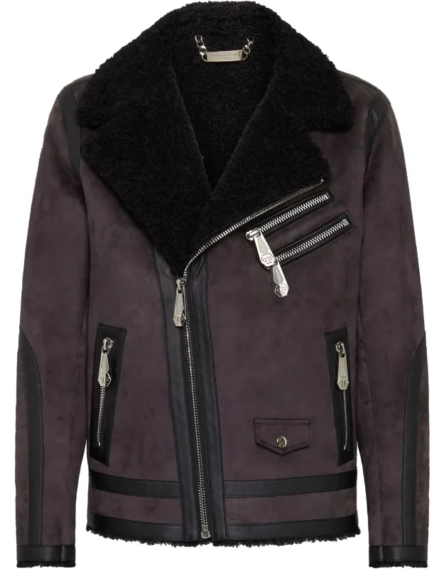 Biker Jacket Iconic Vegan Shearling Aviator Jacket, Faux-leather Details
