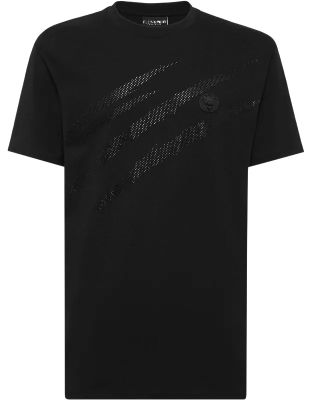 Cotton T-shirt Round Neck Ss With Laminated Prints And Rib Knit Neckline