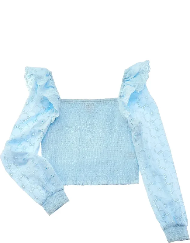 Design History Top With Smocked Design And Embroidered Eyelet Sleeves