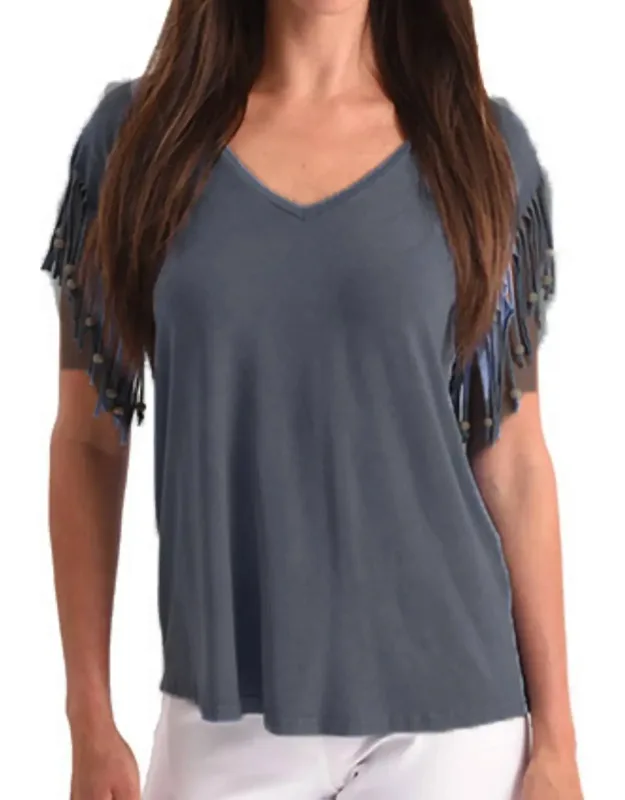 Stone Wash Cut Out Fringe Beaded Sleeve Top