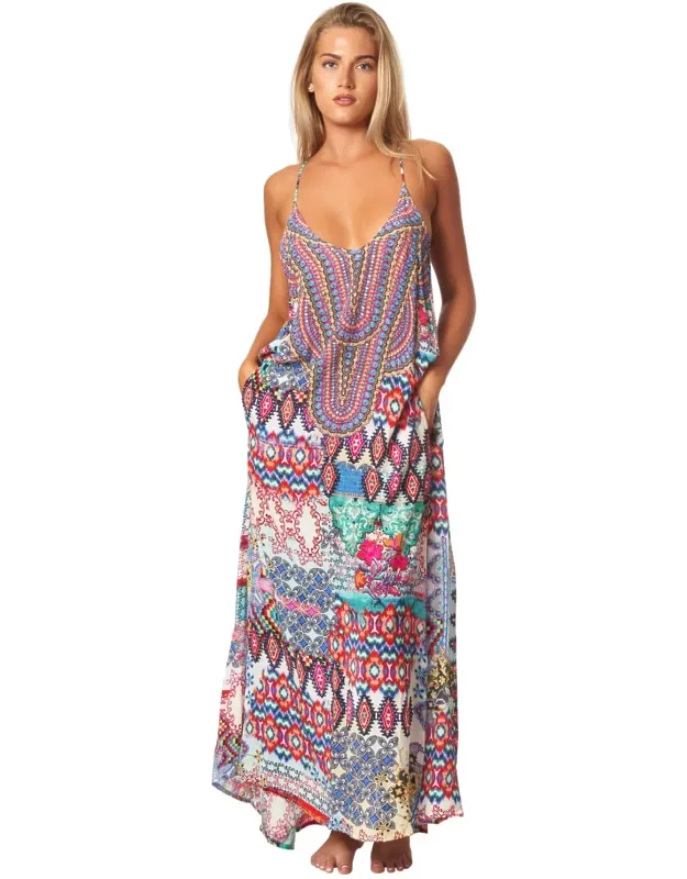 Spain T-back Maxi Dress - Elegant Eyelet Cover Up, High Low Cut