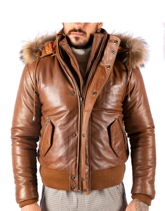 Hooded Bomber Puffer Leather Jacket