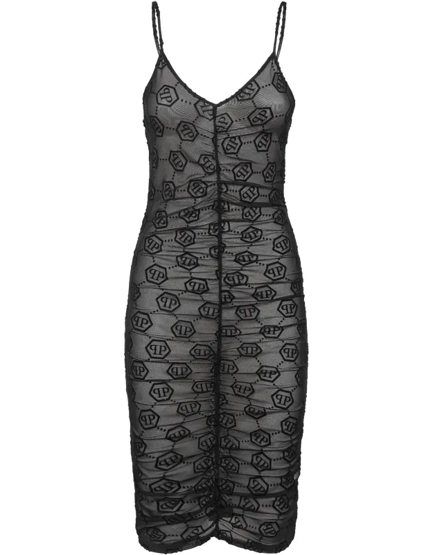 Tulle Midi Dress With Ruched Seams And Adjustable Straps