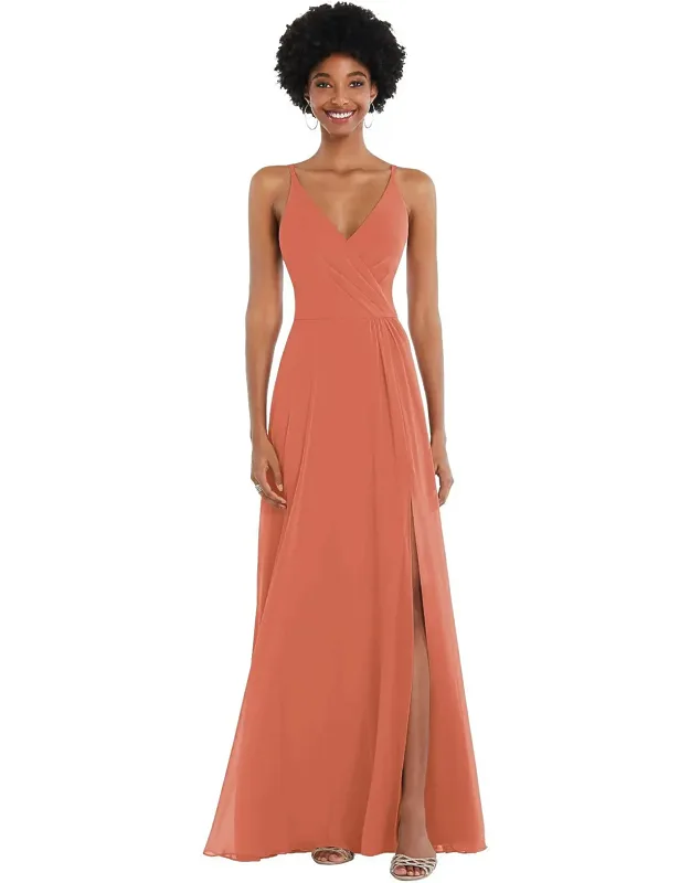Faux Wrap Criss Cross Back Maxi Dress With Adjustable Straps, Soft Flowing Lux Chiffon Material, Flattering Natural Waist